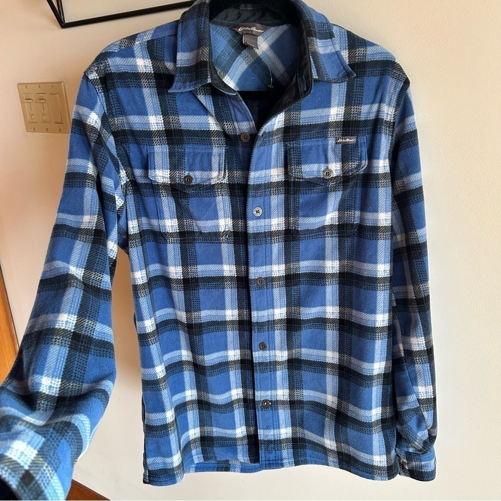 EDDIE BAUER Men’s Blue and Black Plaid Button-Up Shirt, Size M